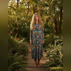 Briton Court Long Sleeve Button Button Front Floral Colorful Bohemian Maxi Dress